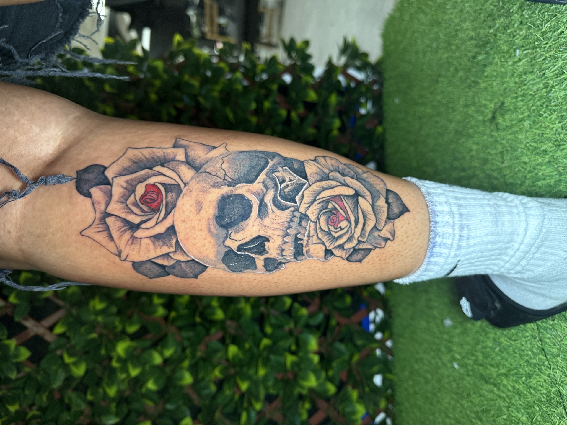 Black & Grey + Illustrative skull tattoo on Calf by Edwaun_Randall on TattMe