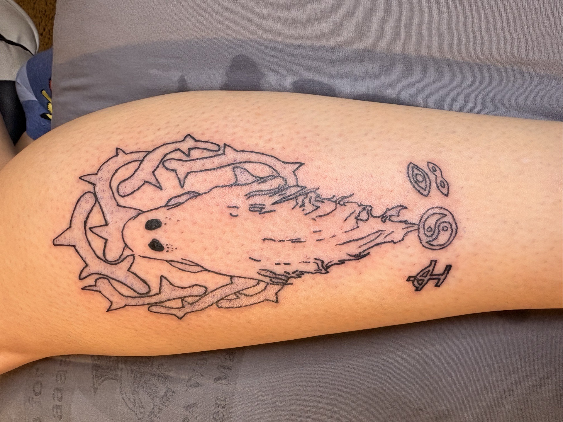Black-work + Line-work ghost tattoo on Calf by TattsByBoogzz on TattMe