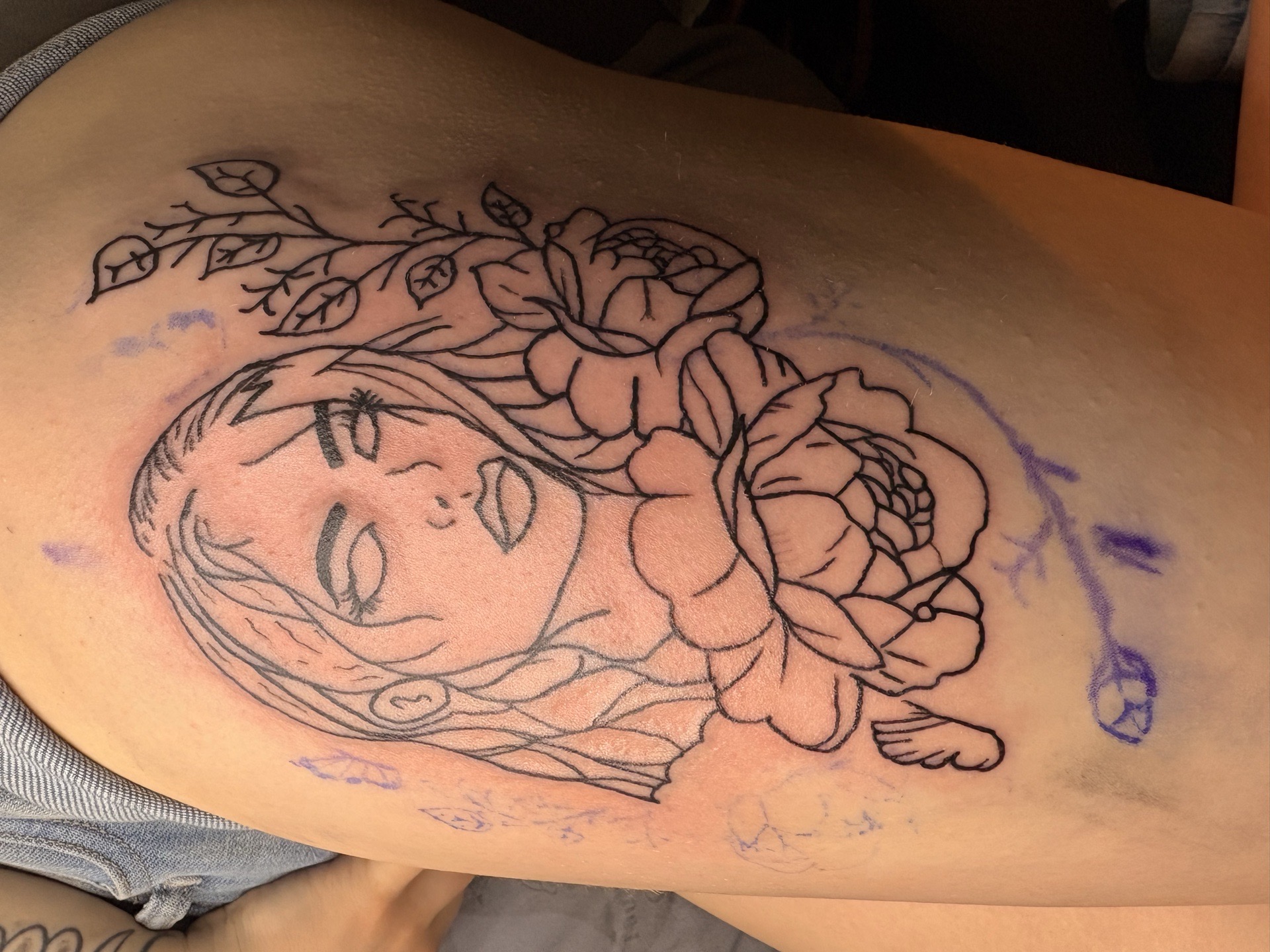 Fine Line + Line-work woman tattoo on Thigh by TattsByBoogzz on TattMe