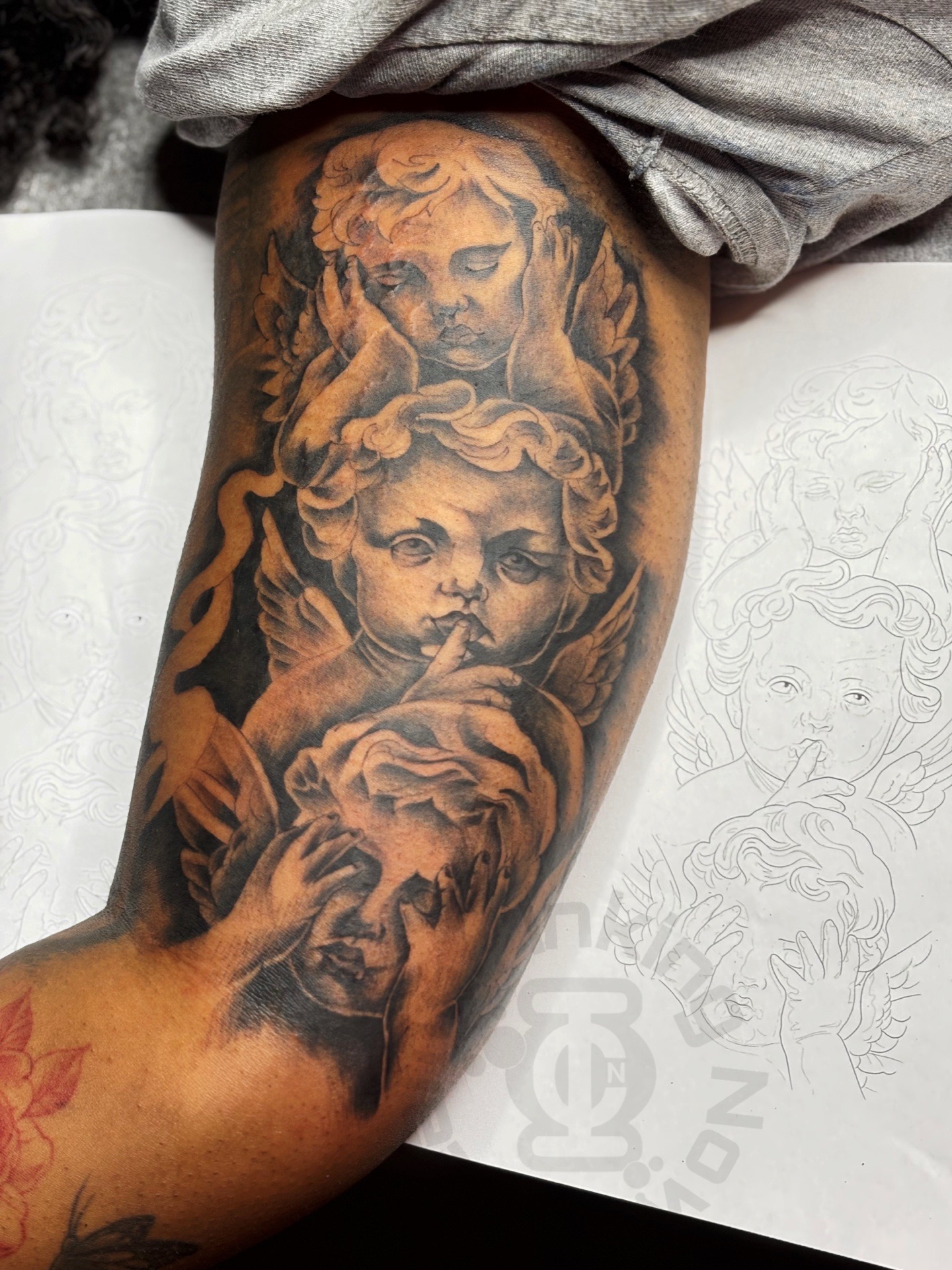 Black & Grey baby angel tattoo by Creamer_Inking_Now_LLC on TattMe