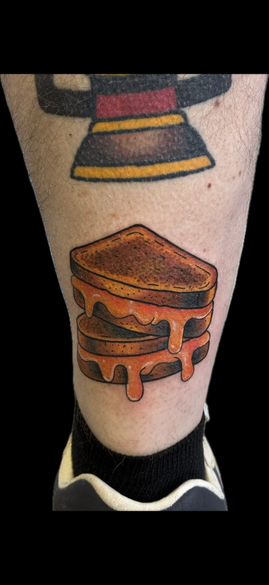 Traditional + Color grilled cheese tattoo on Calf by Carmela_Bella on TattMe
