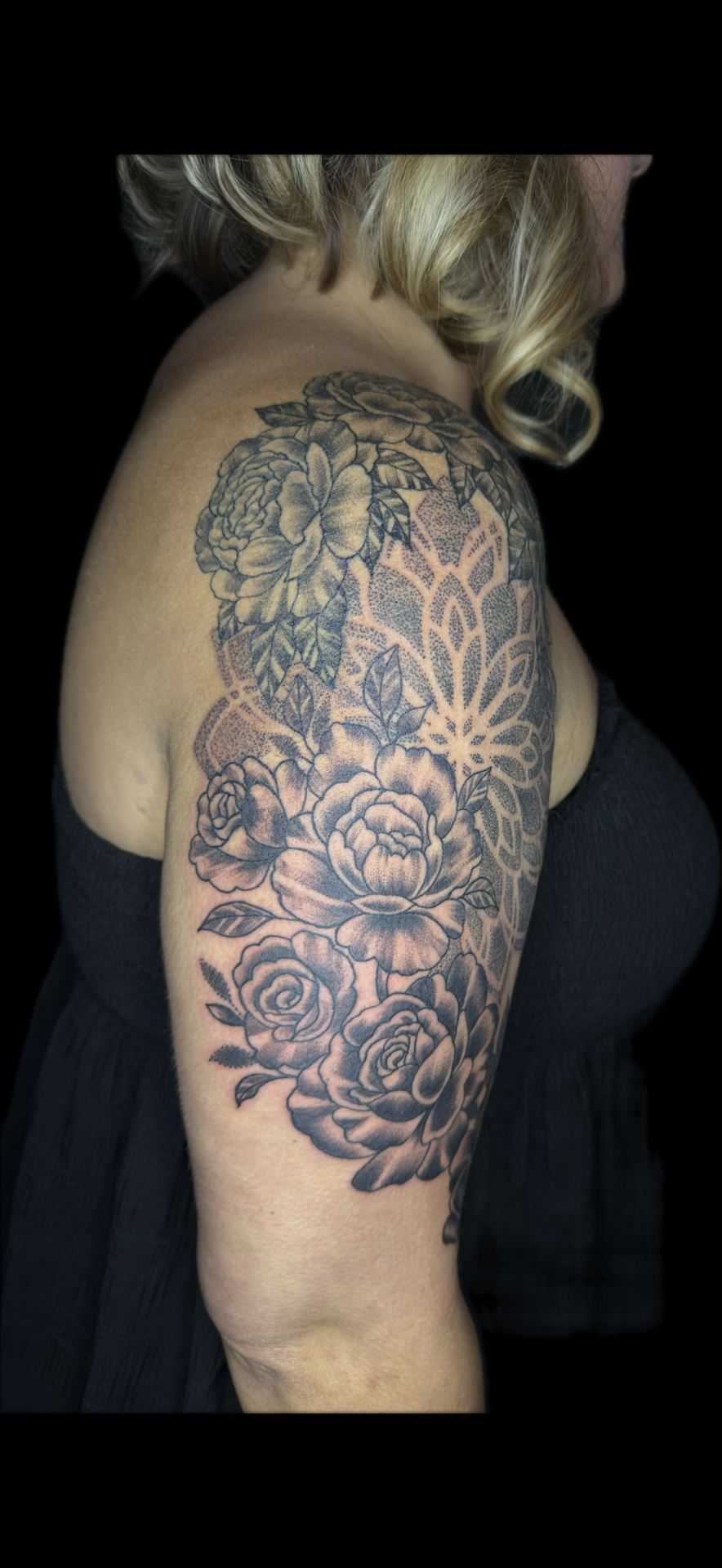 Floral + Black & Grey flowers tattoo on Half Sleeve by Carmela_Bella on TattMe