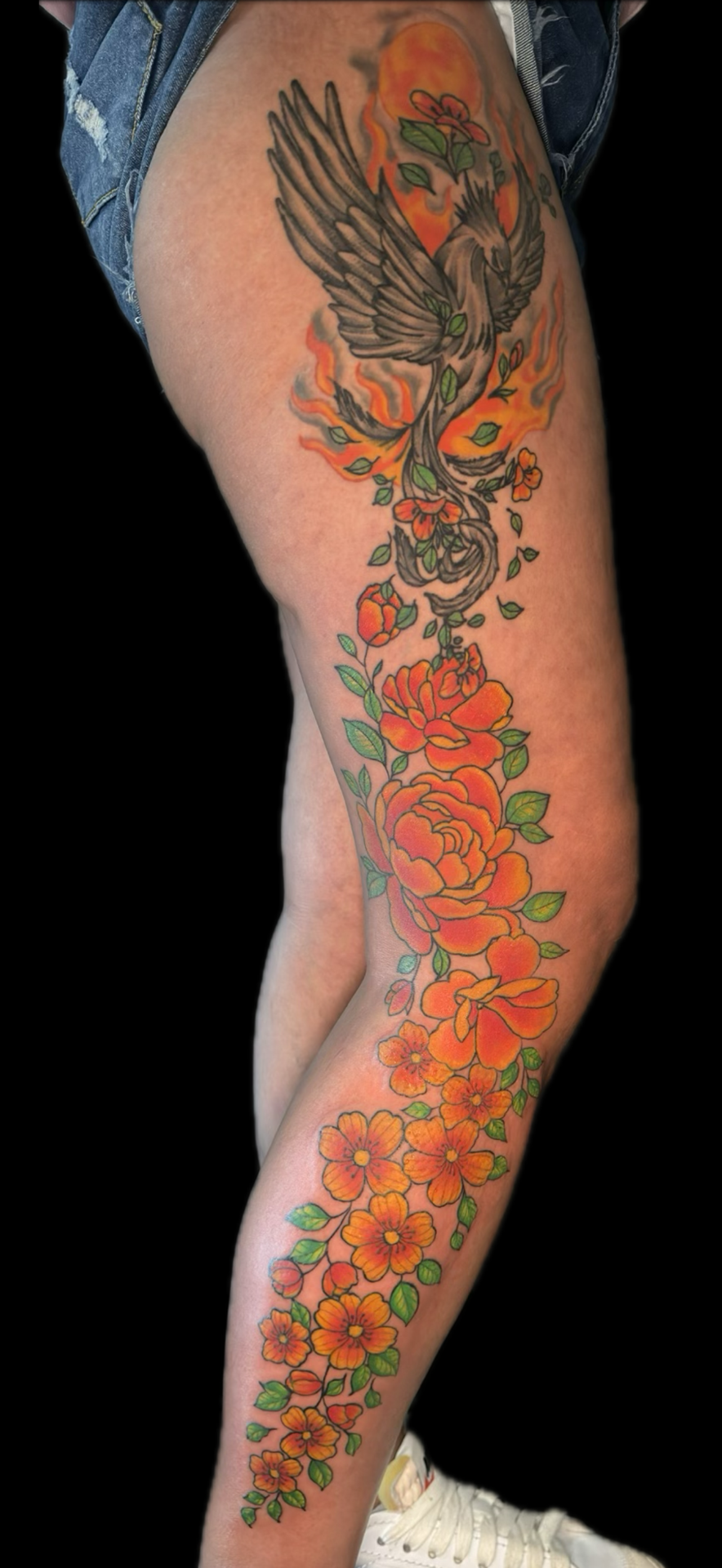 Color + Floral phoenix tattoo on Full Leg Sleeve by Carmela_Bella on TattMe