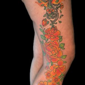 Color + Floral phoenix tattoo on Full Leg Sleeve by Carmela_Bella on TattMe