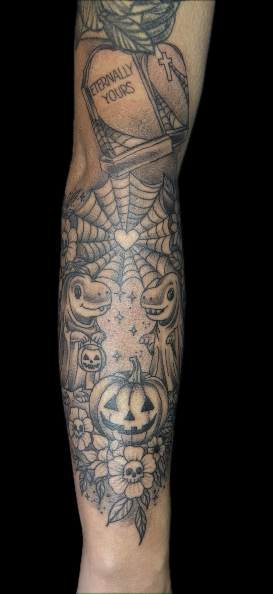 Black & Grey + Illustrative dinosaurs tattoo on Calf by Carmela_Bella on TattMe