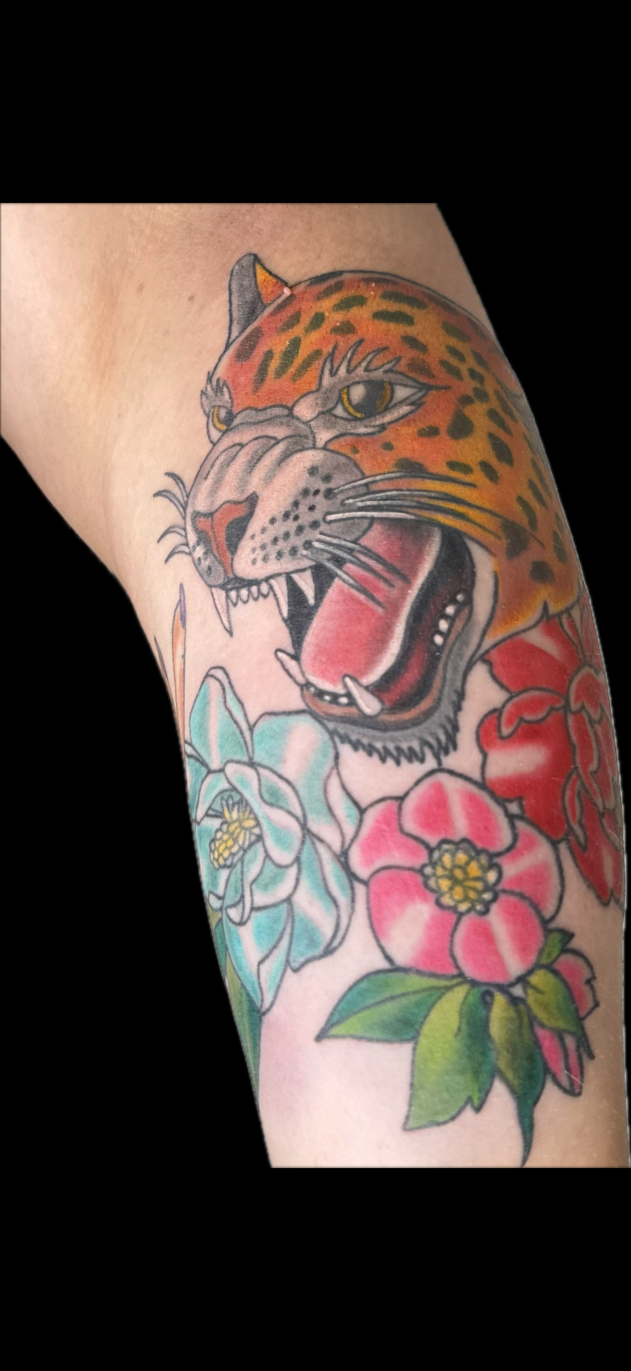 Traditional + Color jaguar tattoo on Upper Arm by Carmela_Bella on TattMe