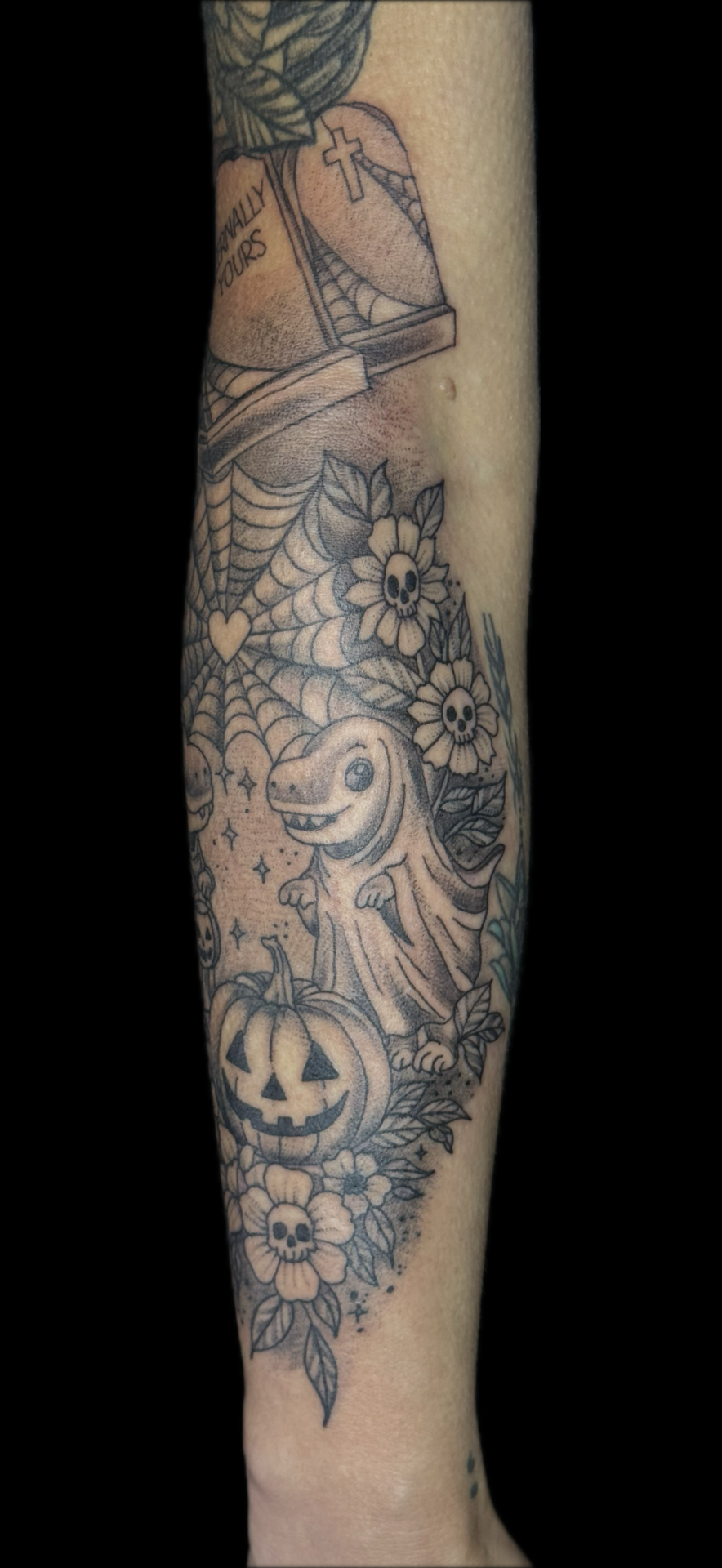 Black & Grey + Illustrative dinosaur tattoo on Forearm by Carmela_Bella on TattMe