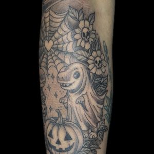 Black & Grey + Illustrative dinosaur tattoo on Forearm by Carmela_Bella on TattMe