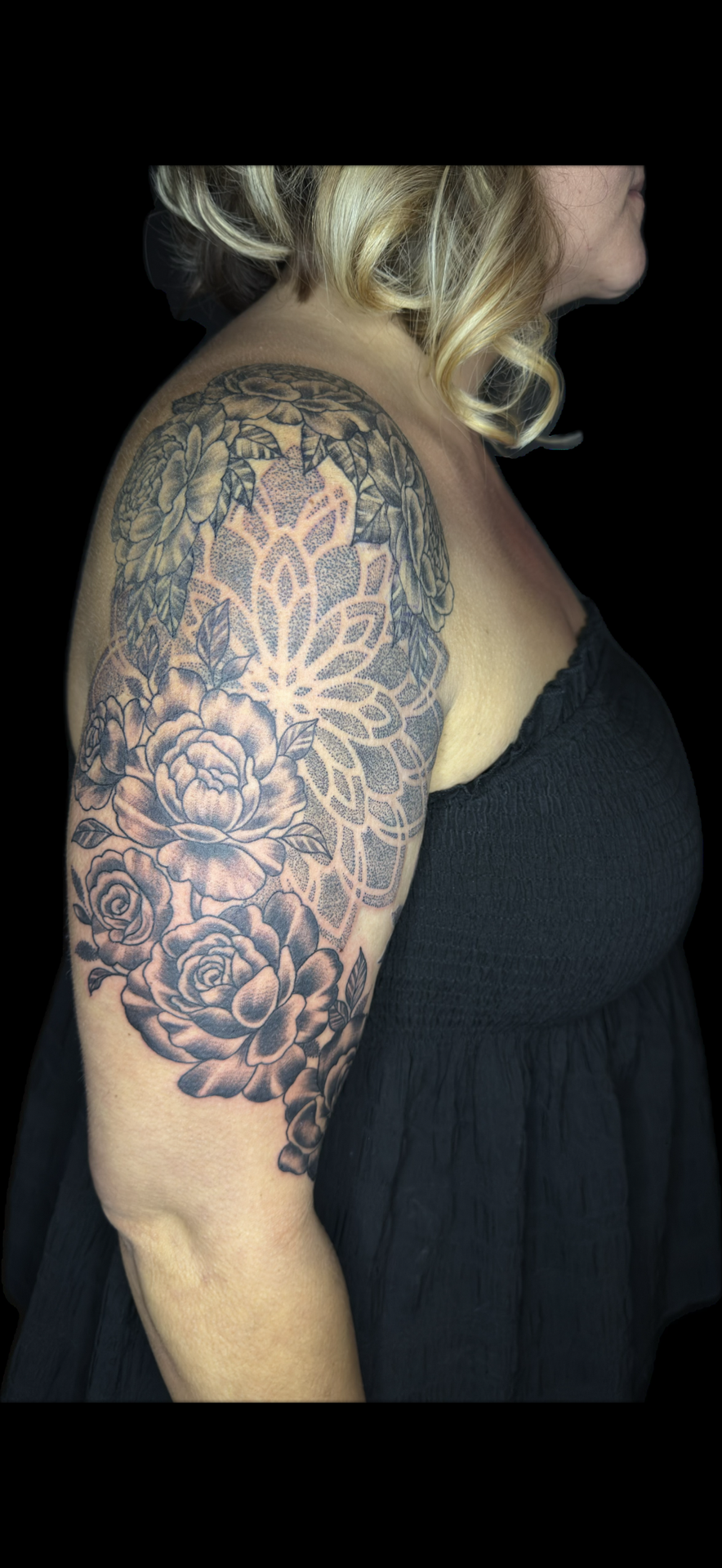 Black & Grey + Floral flowers tattoo on Half Sleeve by Carmela_Bella on TattMe