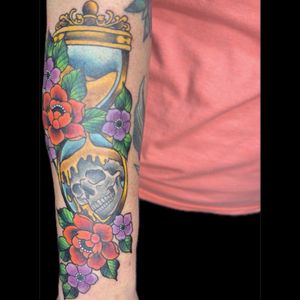 Traditional + Color hourglass tattoo on Forearm by Carmela_Bella on TattMe