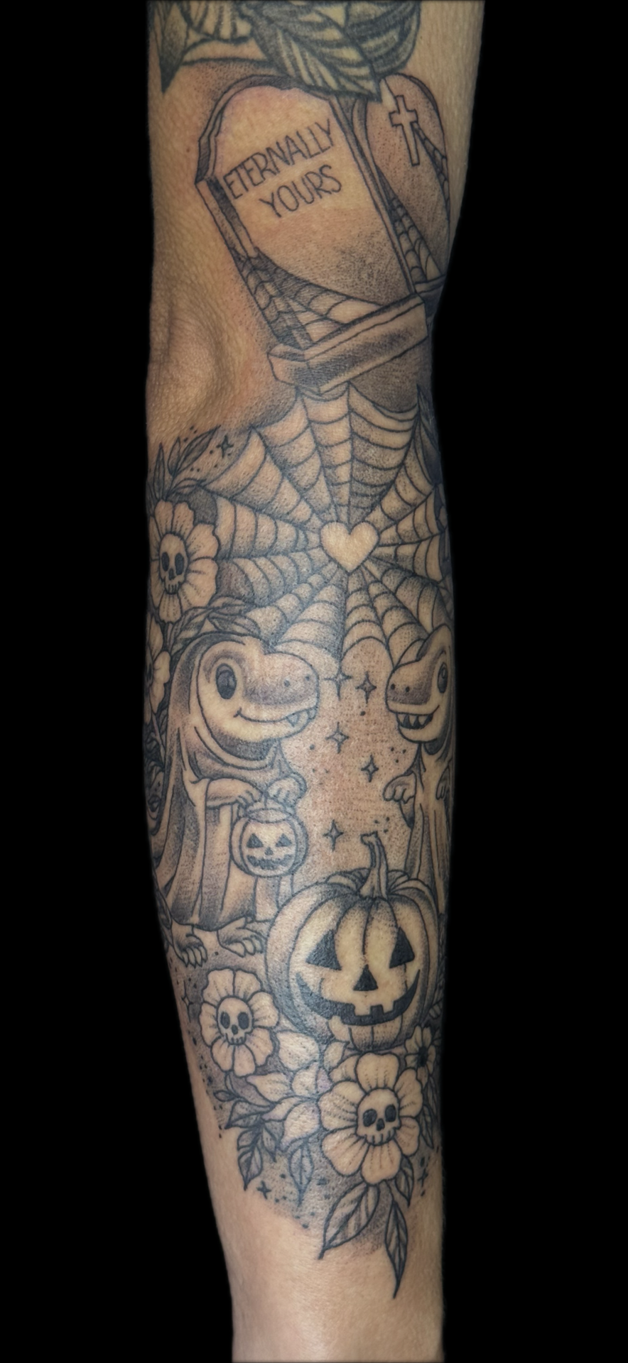 Black & Grey + Dot-work dinosaurs tattoo on Forearm by Carmela_Bella on TattMe