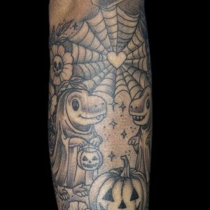 Black & Grey + Dot-work dinosaurs tattoo on Forearm by Carmela_Bella on TattMe