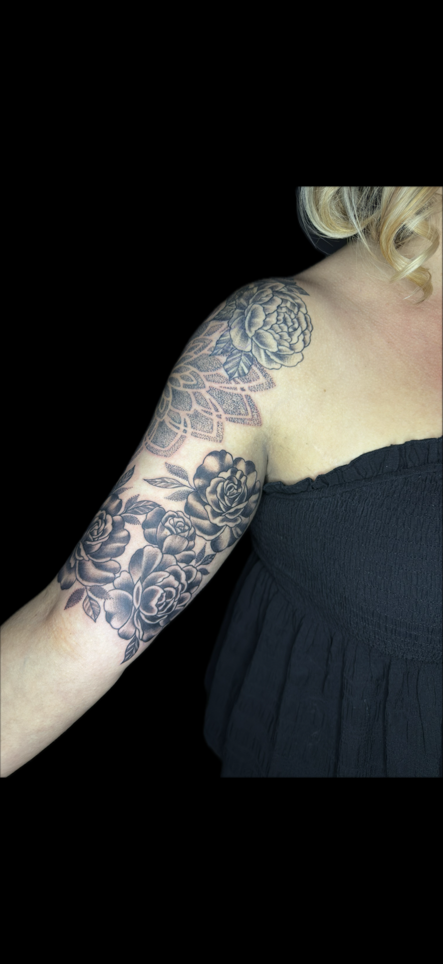 Black & Grey + Floral flowers tattoo on Half Sleeve by Carmela_Bella on TattMe