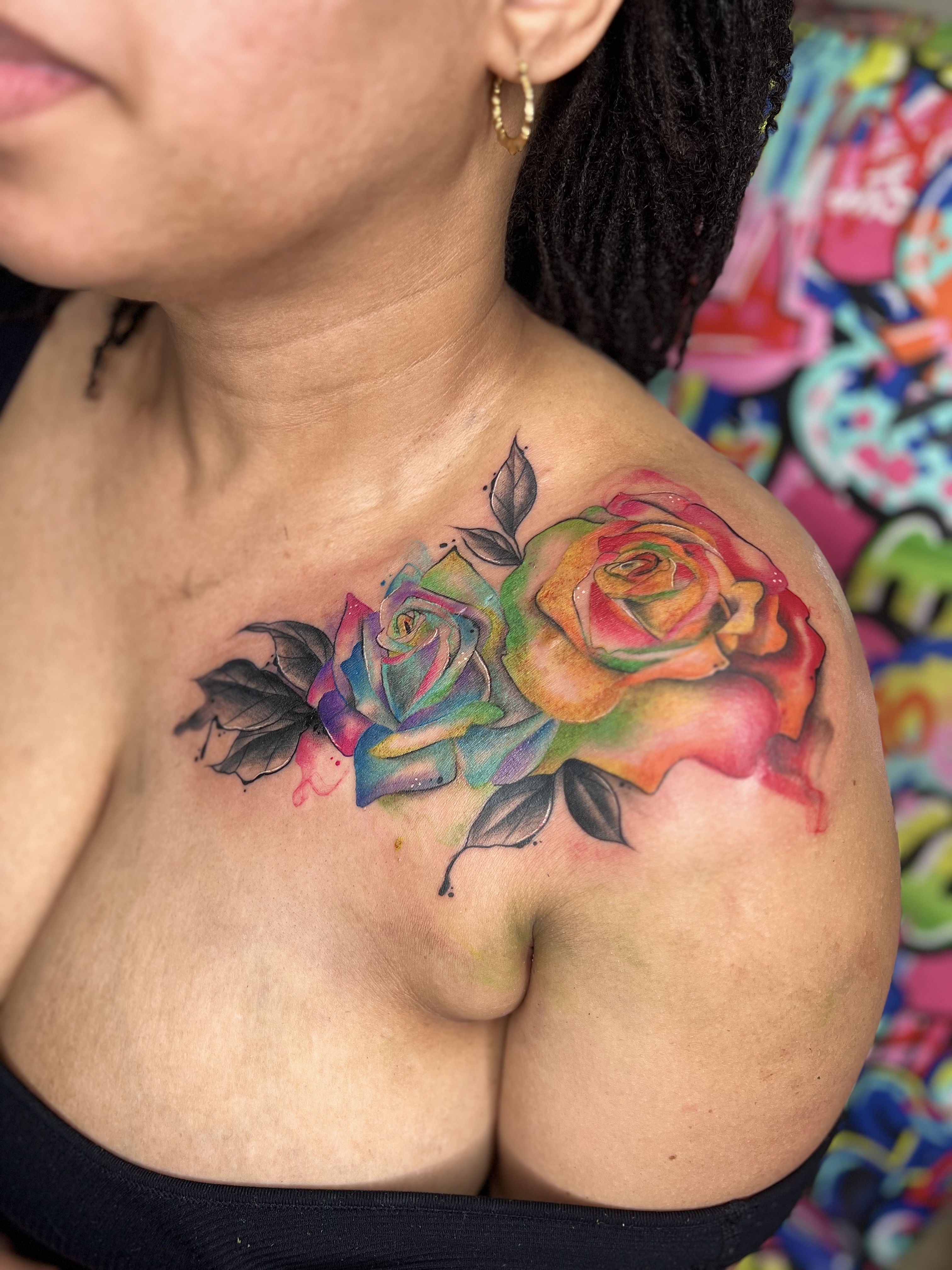 Watercolor + Floral roses tattoo on Shoulder by Marvelous_Millzy on TattMe