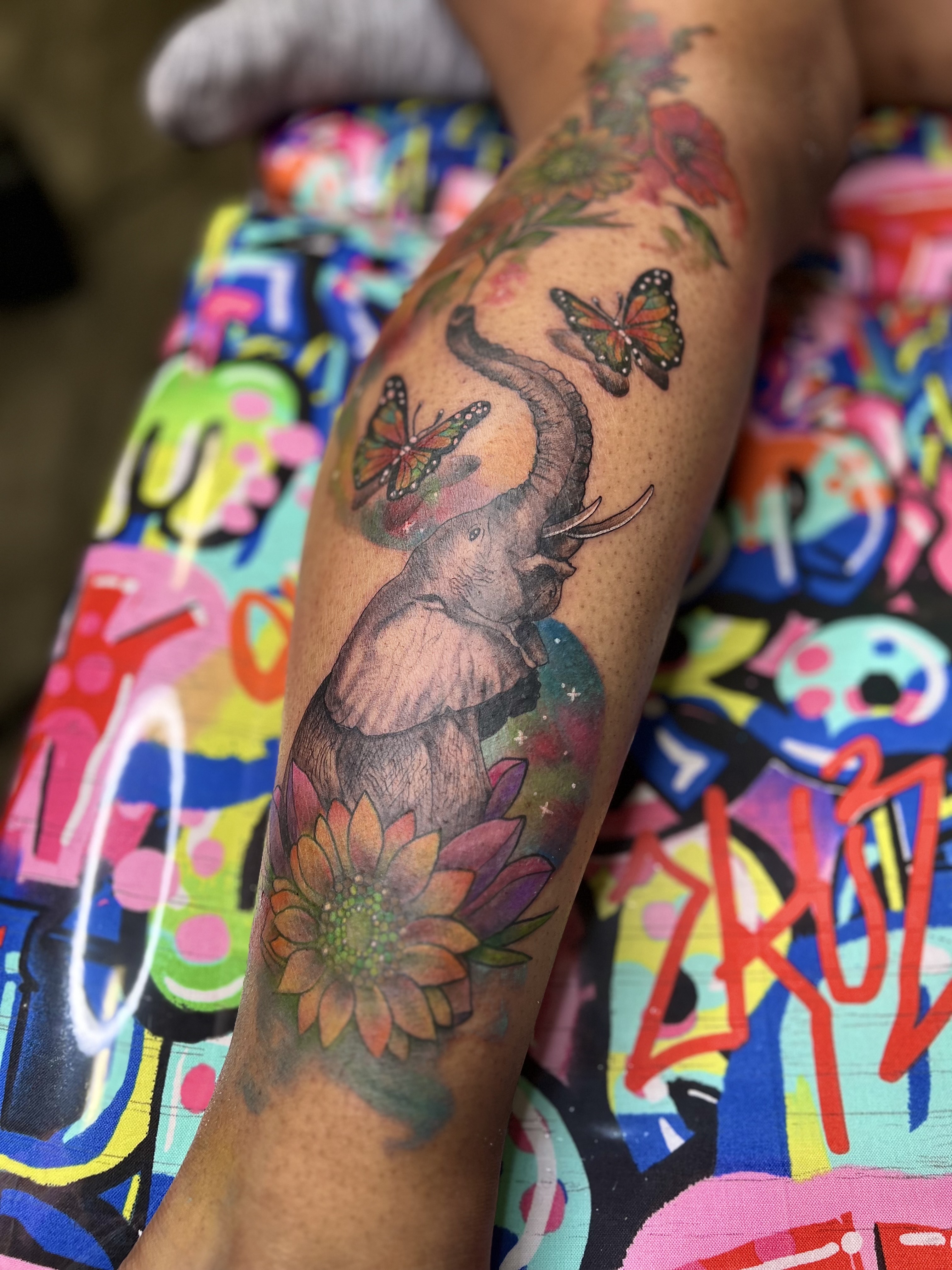 Color + Illustrative elephant tattoo on Calf by Marvelous_Millzy on TattMe