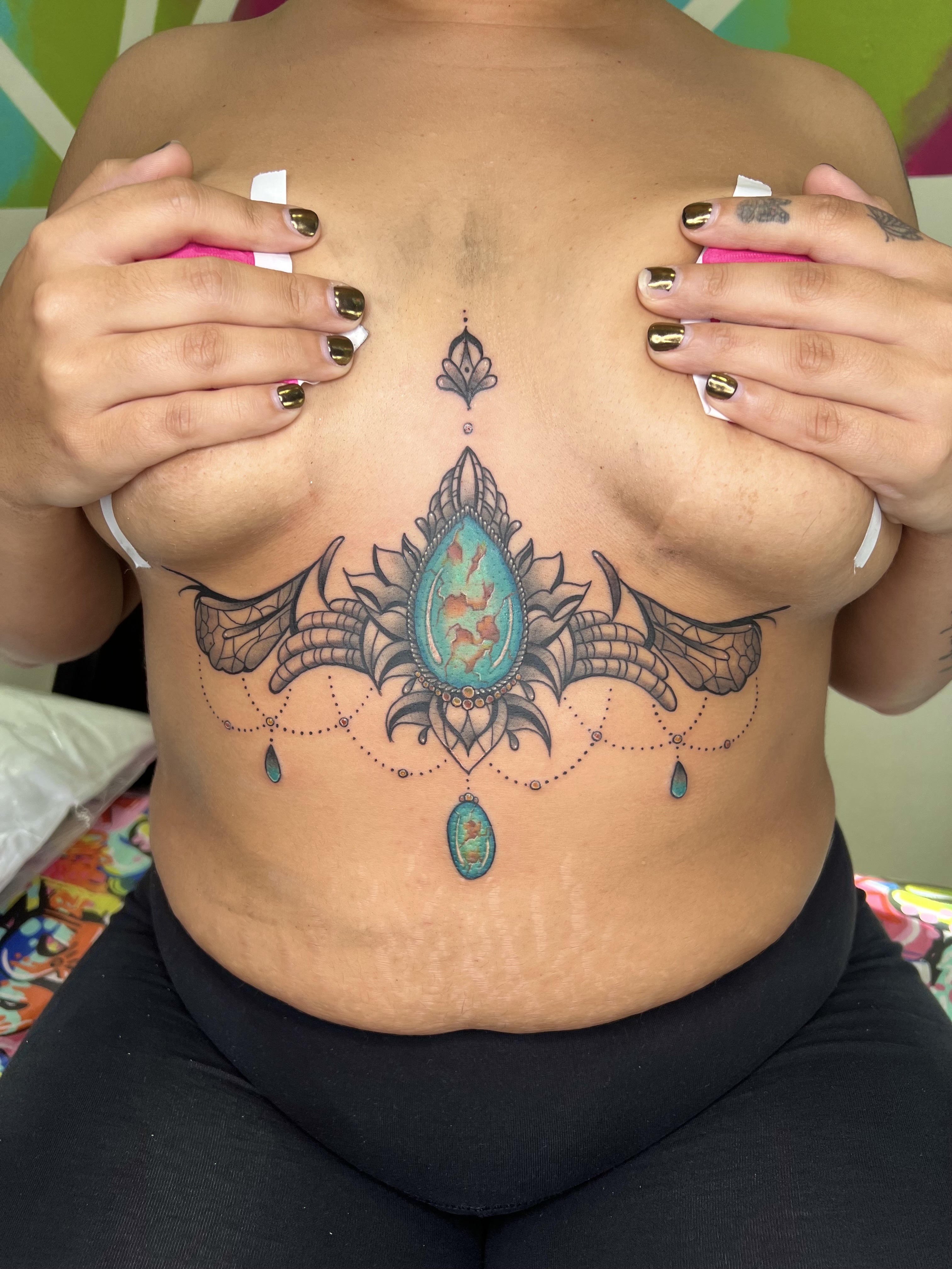 Fine Line + Color mandala tattoo on Sternum by Marvelous_Millzy on TattMe