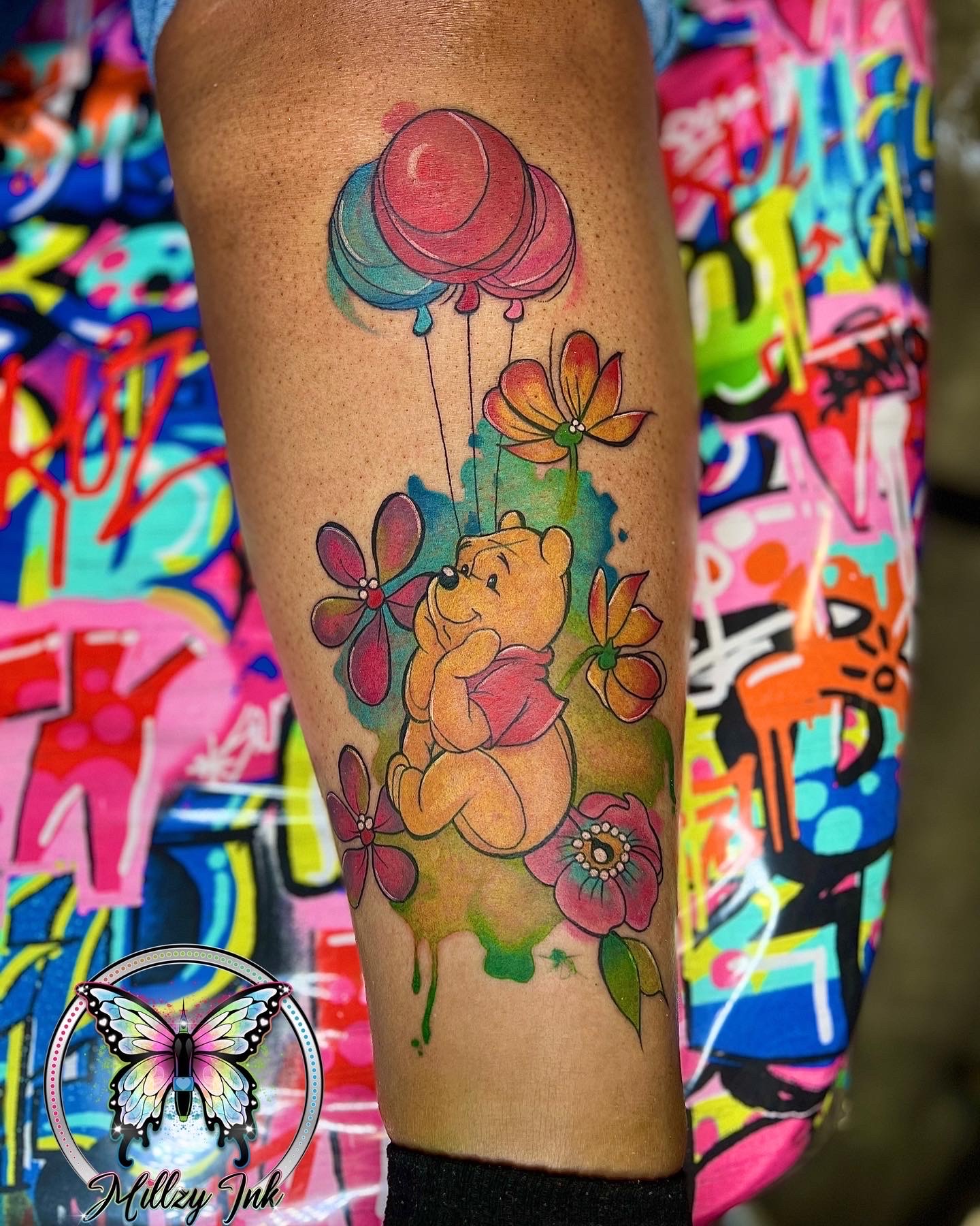 Watercolor + Illustrative winnie the pooh tattoo on Calf by Marvelous_Millzy on TattMe