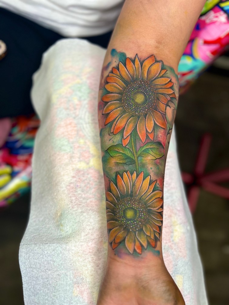 Color + Floral sunflowers tattoo on Forearm by Marvelous_Millzy on TattMe