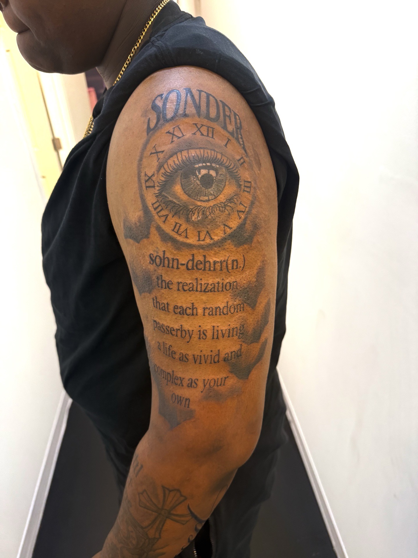 Lettering + Black & Grey eye tattoo on Upper Arm by JST on TattMe
