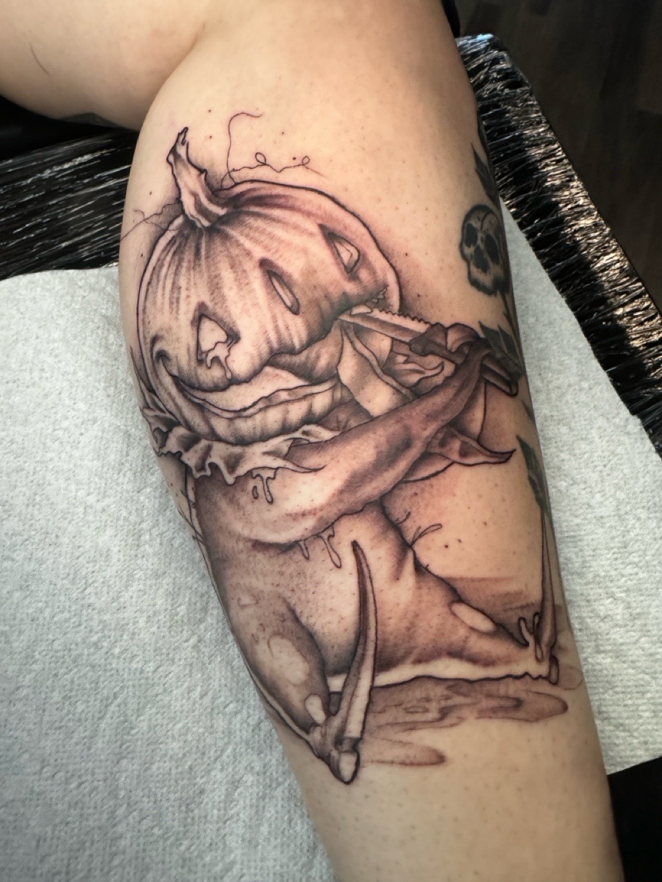 Black & Grey + Illustrative pumpkin tattoo by Ink_by_Noble on TattMe
