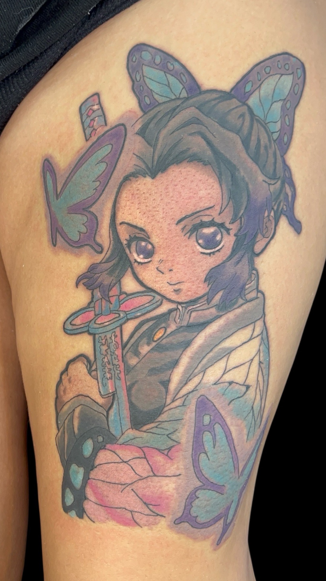 Anime + Color anime character tattoo on Thigh by Bakerboyink on TattMe