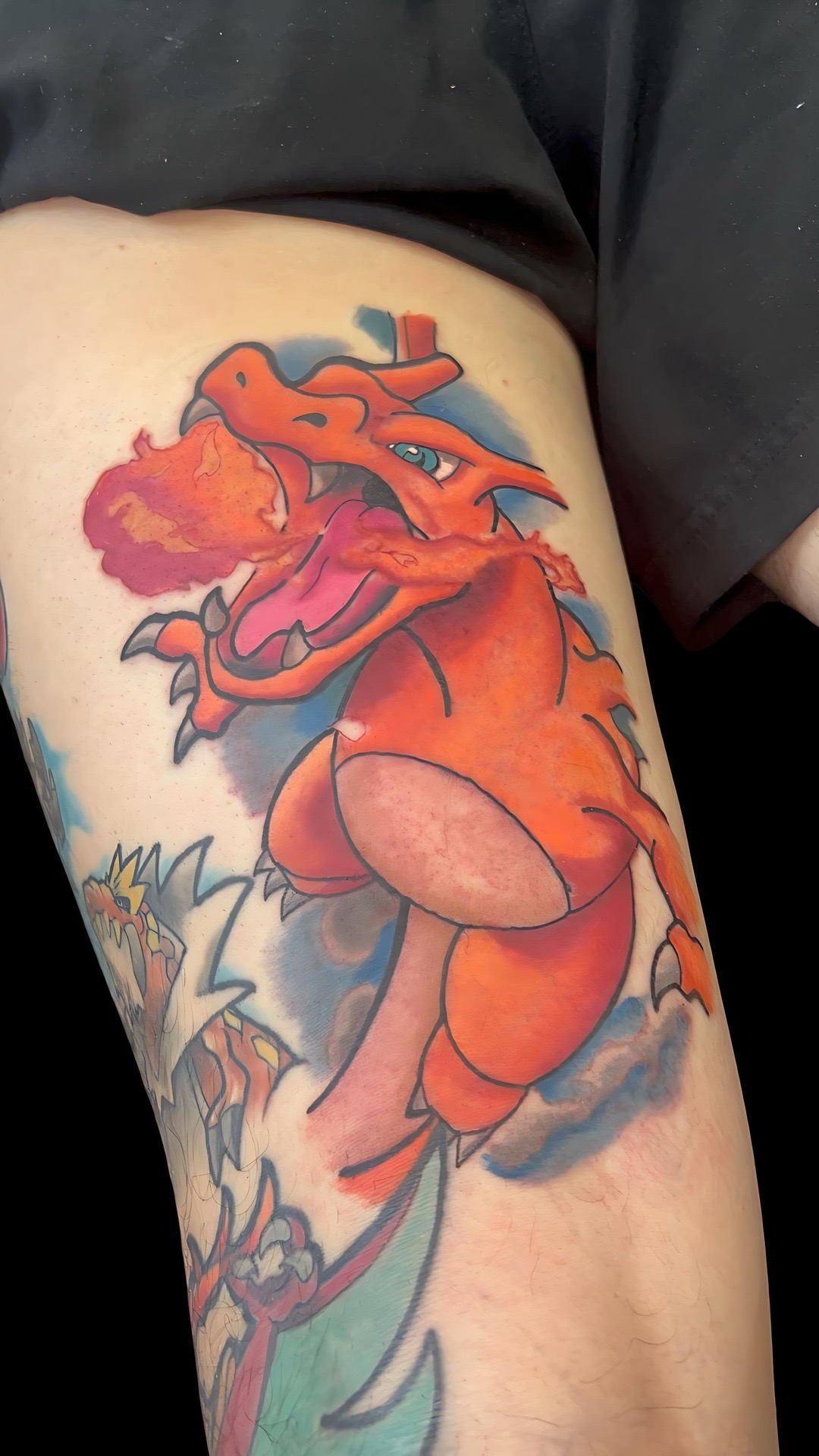 New School + Cartoon charizard tattoo on Thigh by Bakerboyink on TattMe