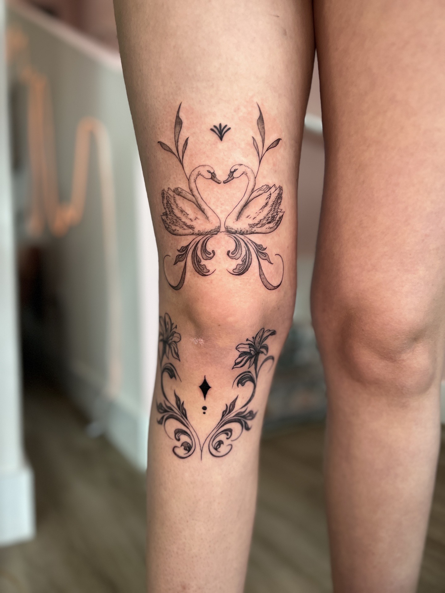 Fine Line + Black & Grey swans tattoo on Knee by cozinks on TattMe