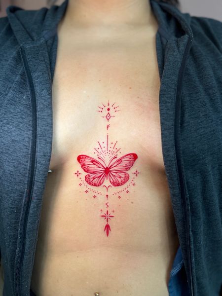 Fine Line + Color butterfly tattoo on Sternum by cozinks on TattMe