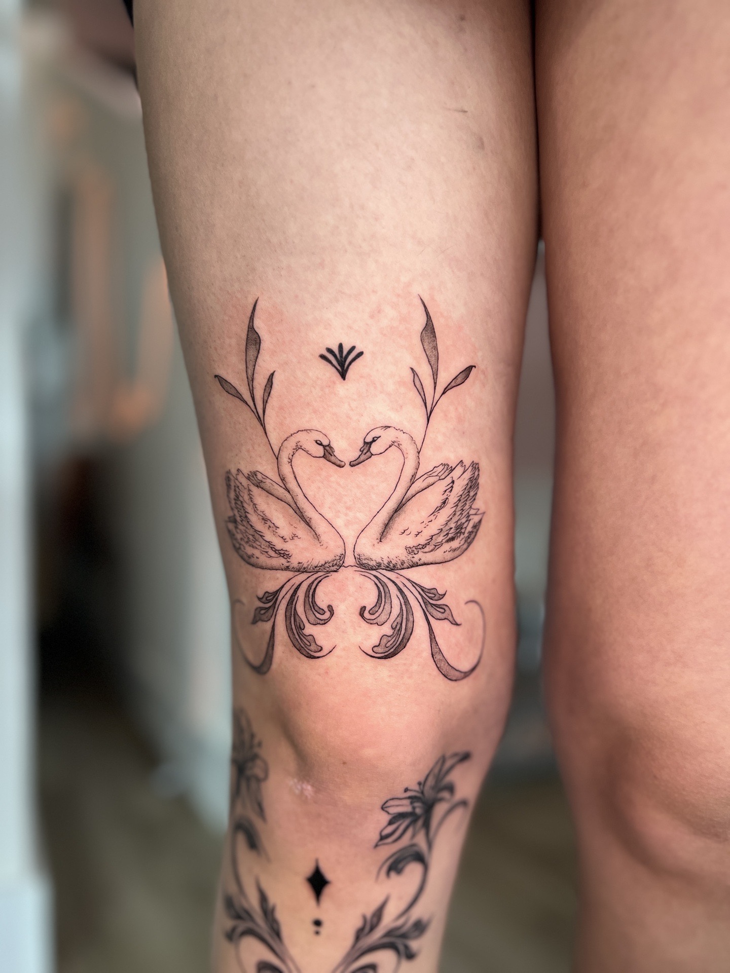 Fine Line + Black-work swans tattoo on Thigh by cozinks on TattMe