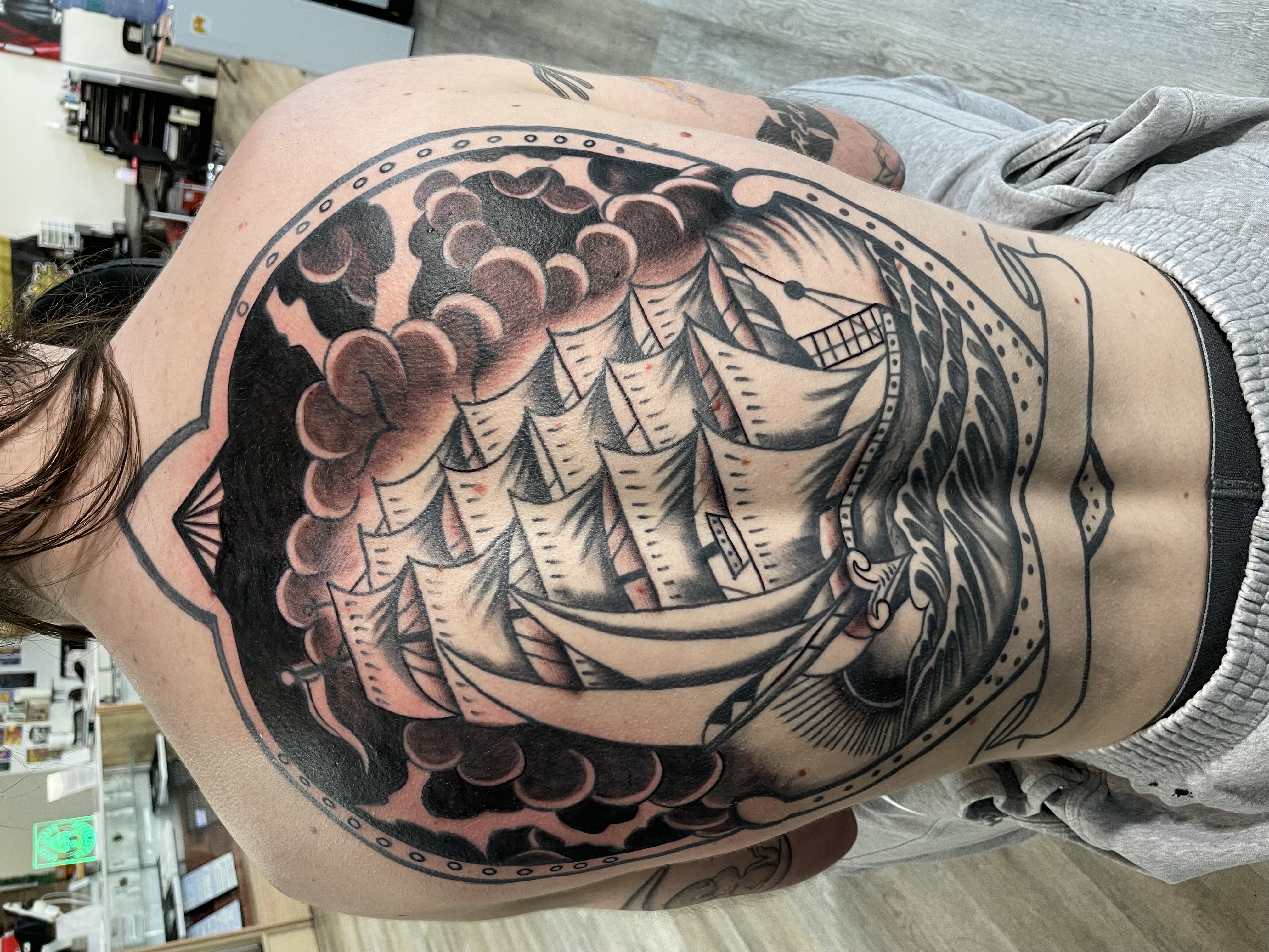 Black & Grey + American Traditional ship tattoo by all_saints_social on TattMe