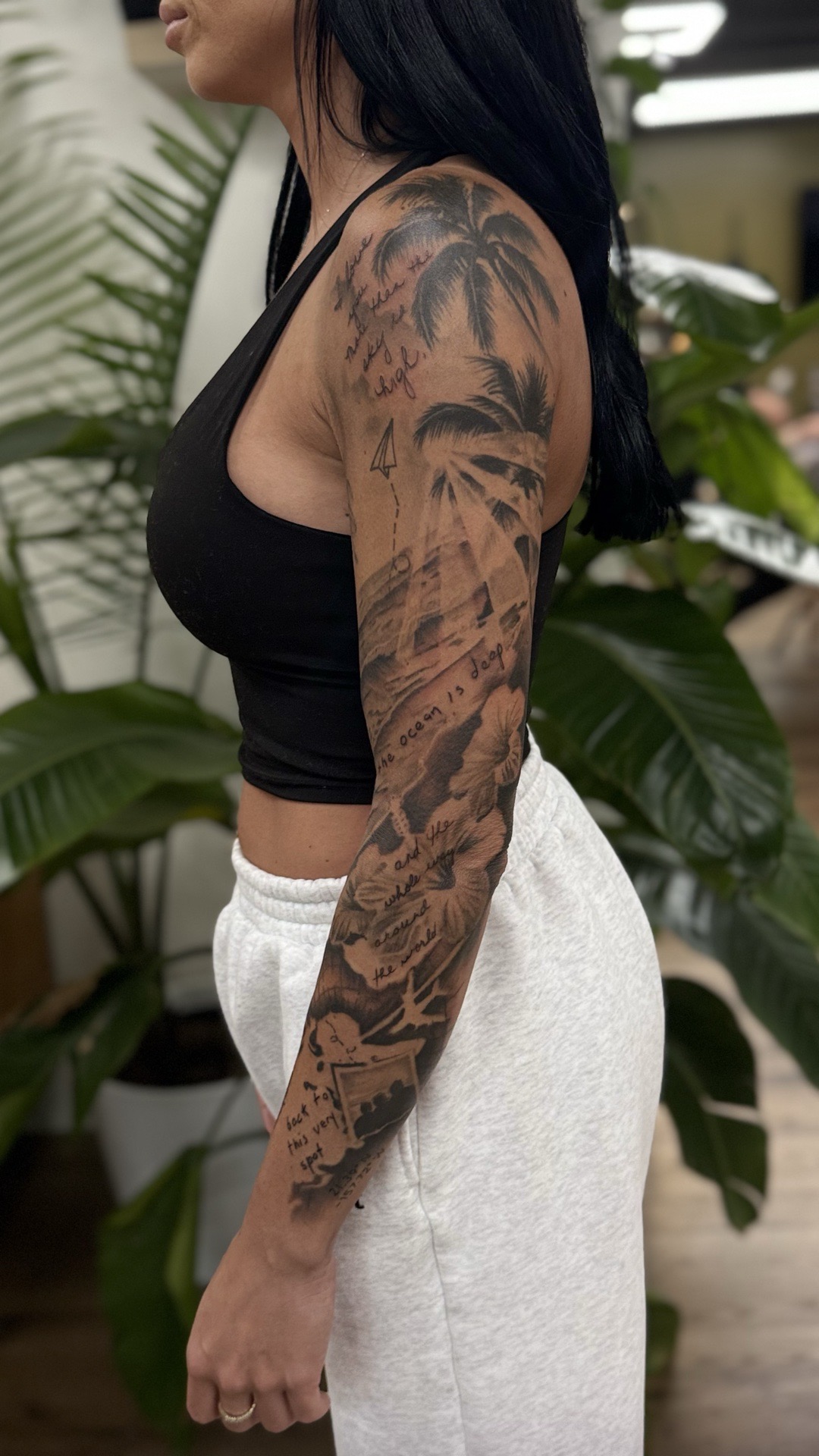 Black & Grey + Floral palm trees tattoo on Full Sleeve by Randy_SaVaage on TattMe