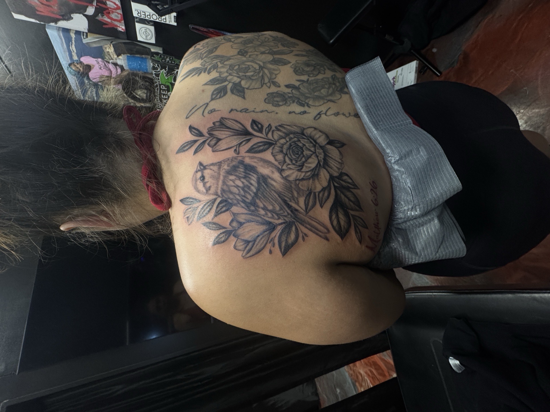 Black & Grey + Floral Bird tattoo on Upper Back by Ink_Junkie on TattMe