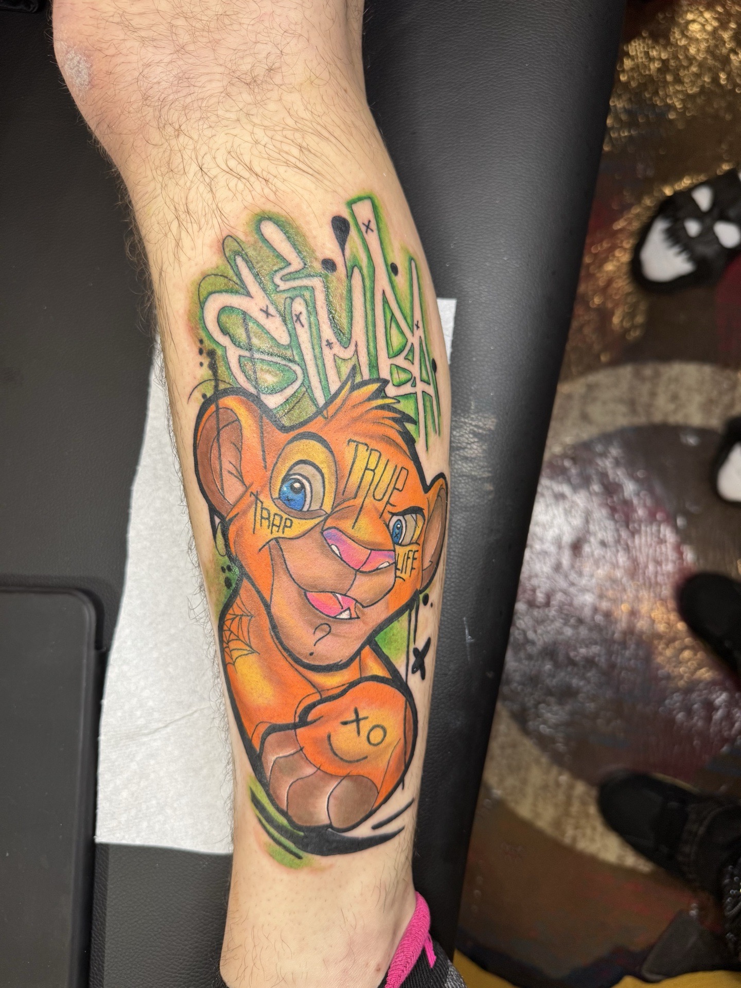 Color + Graffiti simba tattoo on Calf by Ink_Junkie on TattMe