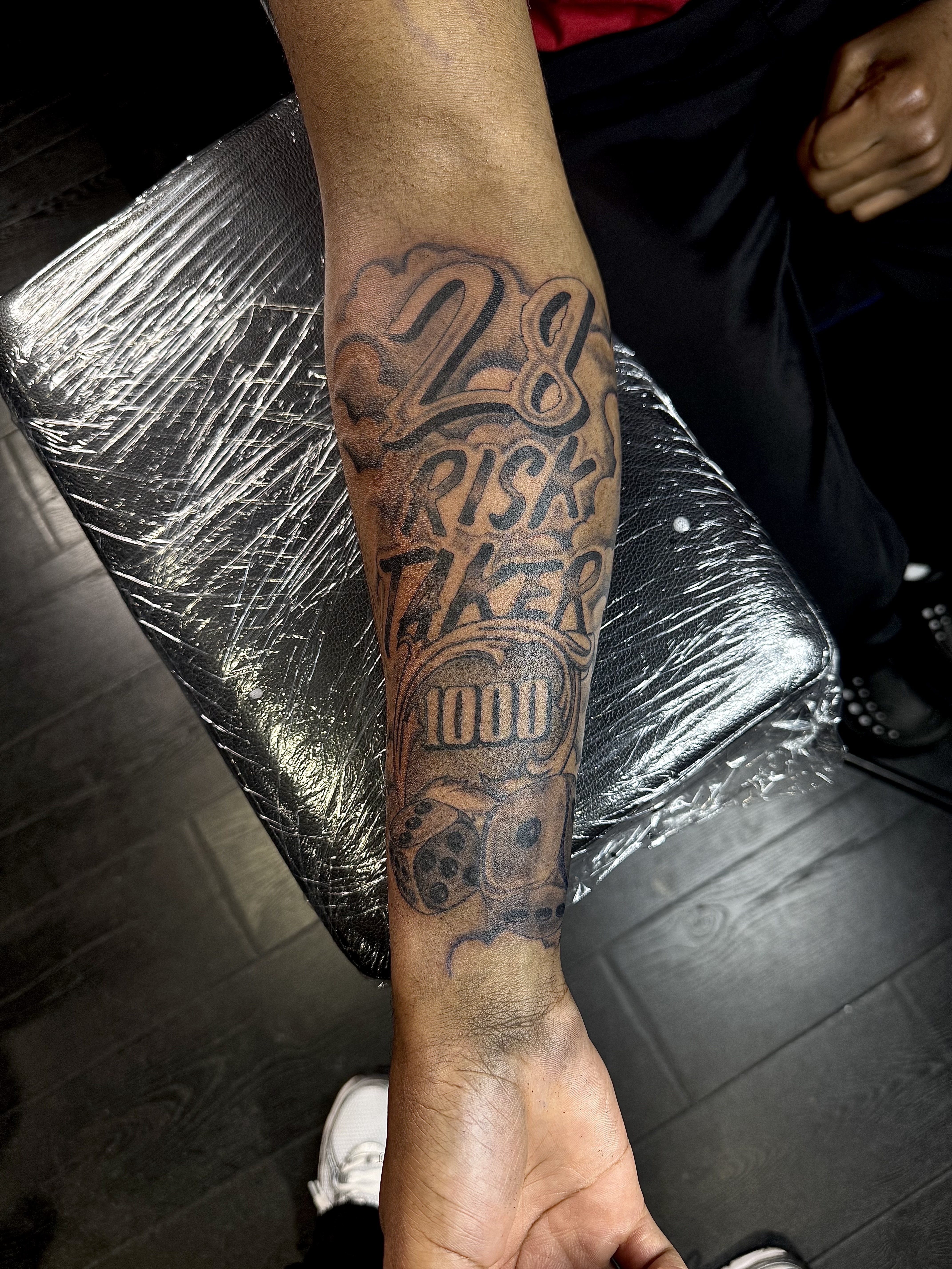 Black & Grey + Script sleeve tattoo by xRay_The_Artist on TattMe
