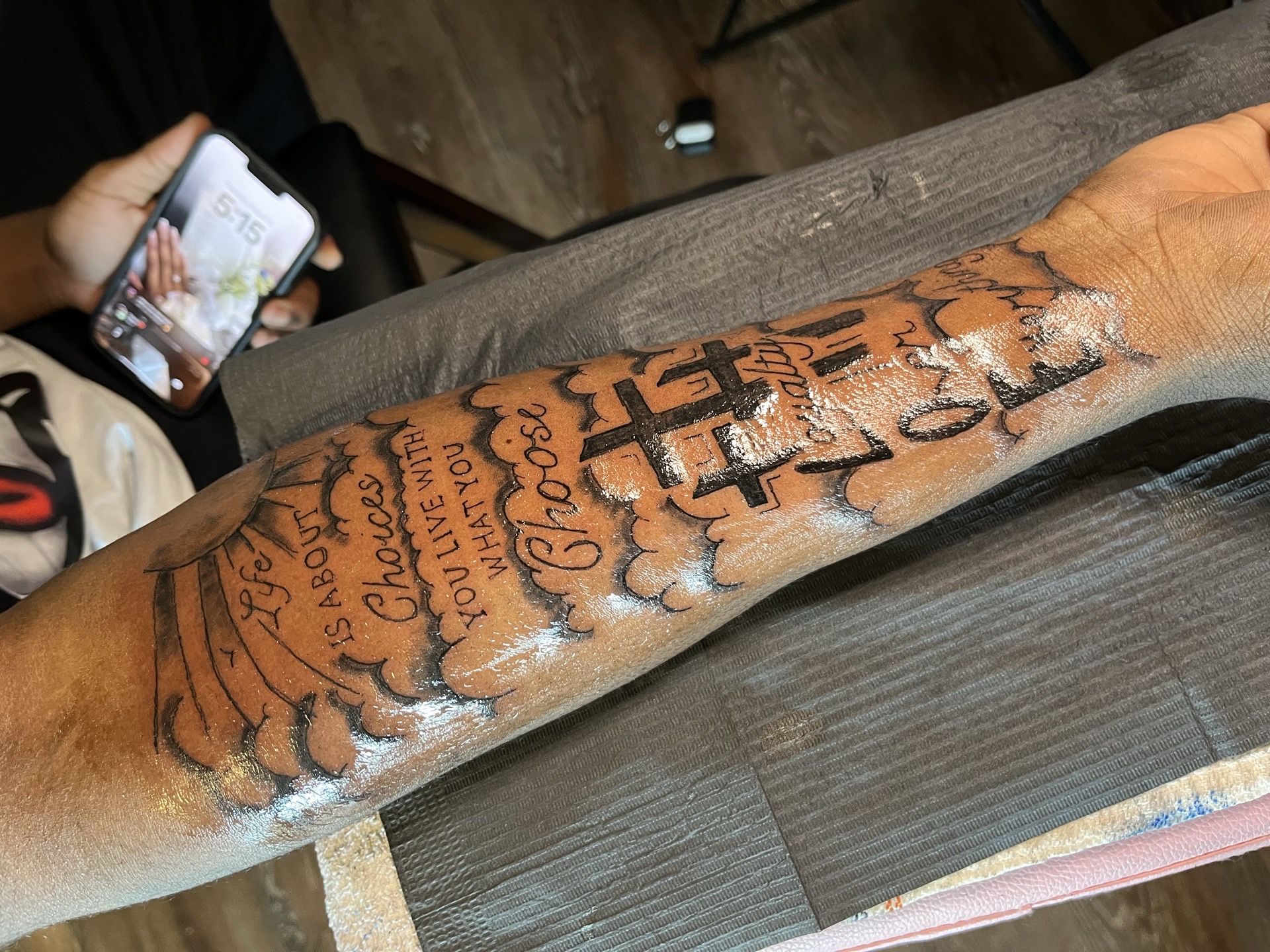 Script tattoo on Half Sleeve by InkedByNaireea on TattMe