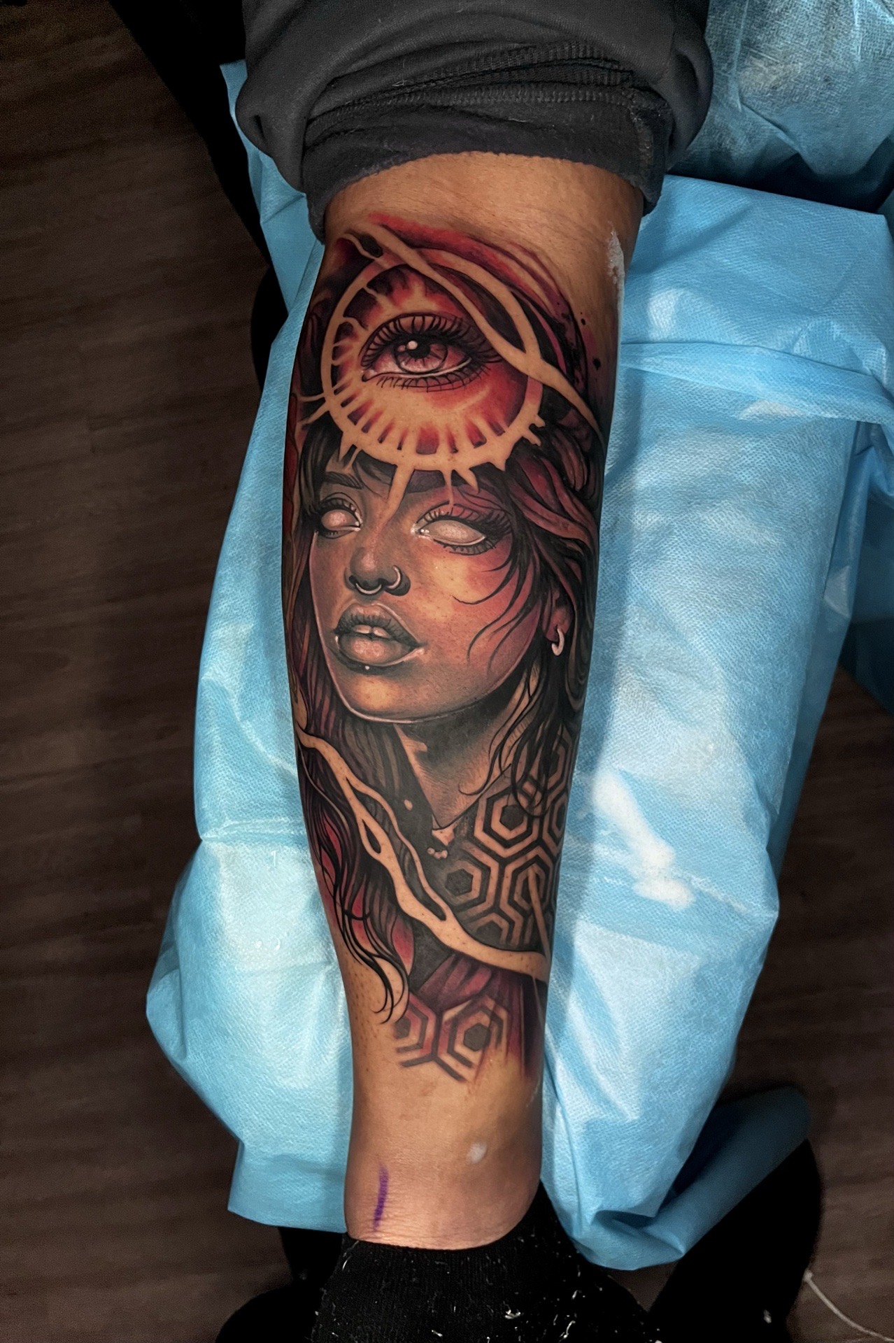 Illustrative Realism + Surrealism woman tattoo on Calf by artizmylov on TattMe