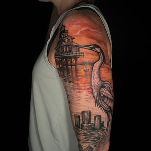 Color + Black & Grey lighthouse tattoo on Half Sleeve by artizmylov on TattMe
