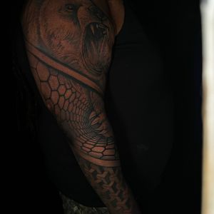 Black & Grey + Realism bear tattoo on Full Sleeve by artizmylov on TattMe