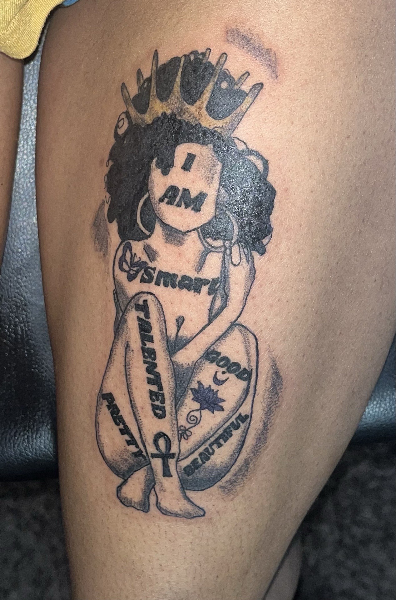Illustrative + Afro-Futurism tattoo on Thigh by GraceSolArt on TattMe