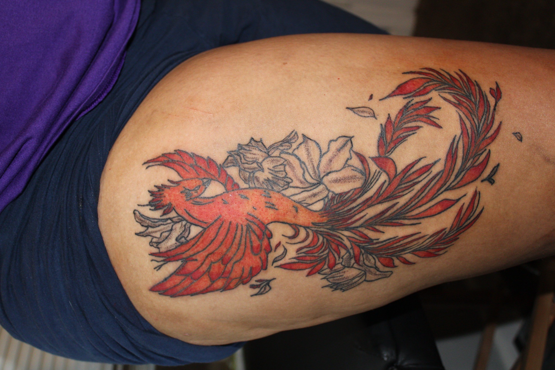 Floral + Illustrative tattoo on Thigh by GraceSolArt on TattMe