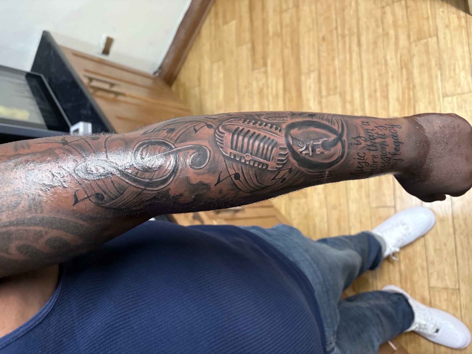 Black & Grey + Illustrative music notes tattoo on Half Sleeve by Vo_The_Drug on TattMe