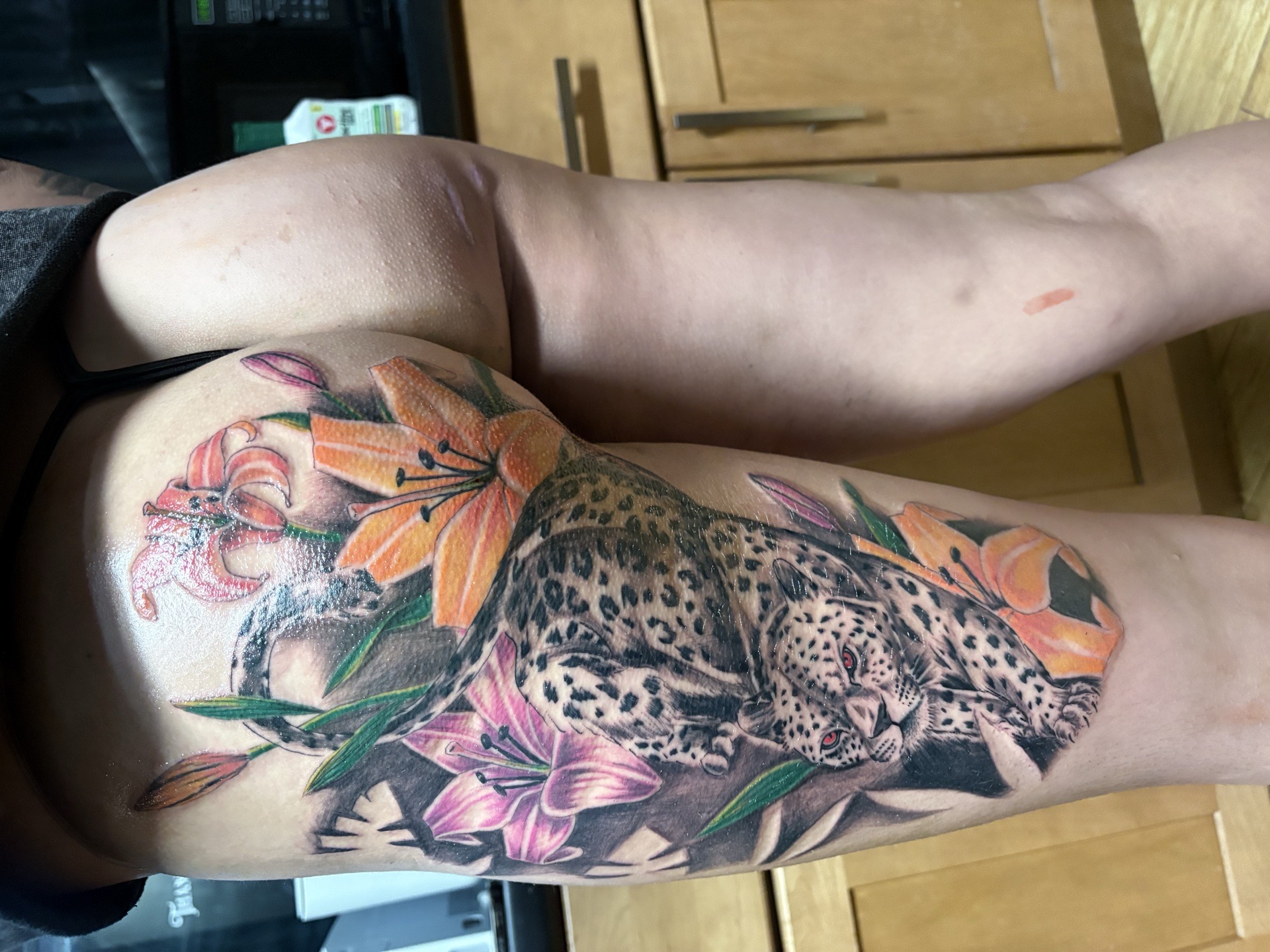 Realism + Color leopard tattoo on Thigh by Vo_The_Drug on TattMe