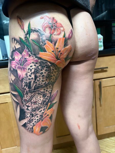 Realism + Color leopard tattoo on Thigh by Vo_The_Drug on TattMe