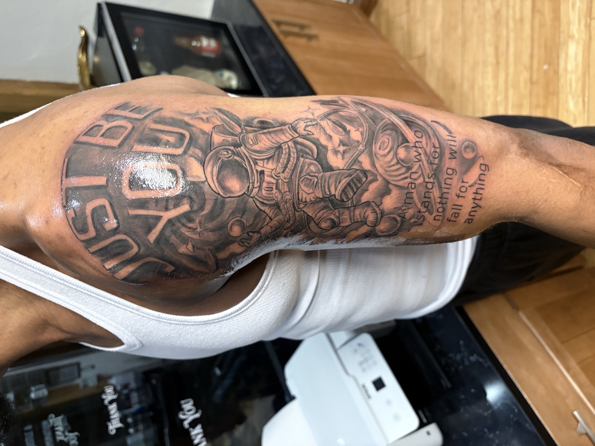Black & Grey + Illustrative astronaut tattoo on Upper Arm by Vo_The_Drug on TattMe