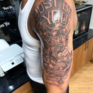 Black & Grey + Illustrative astronaut tattoo on Upper Arm by Vo_The_Drug on TattMe