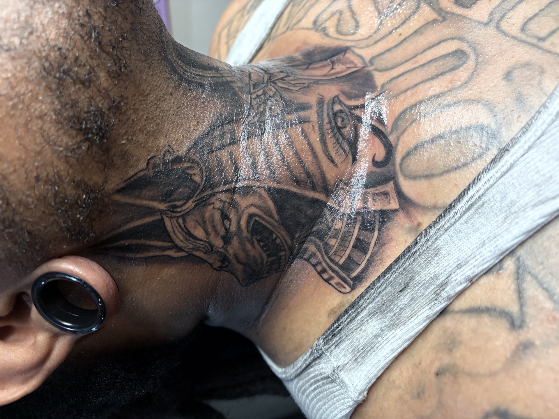 Black & Grey + Illustrative anubis tattoo on Neck (Side) by Vo_The_Drug on TattMe