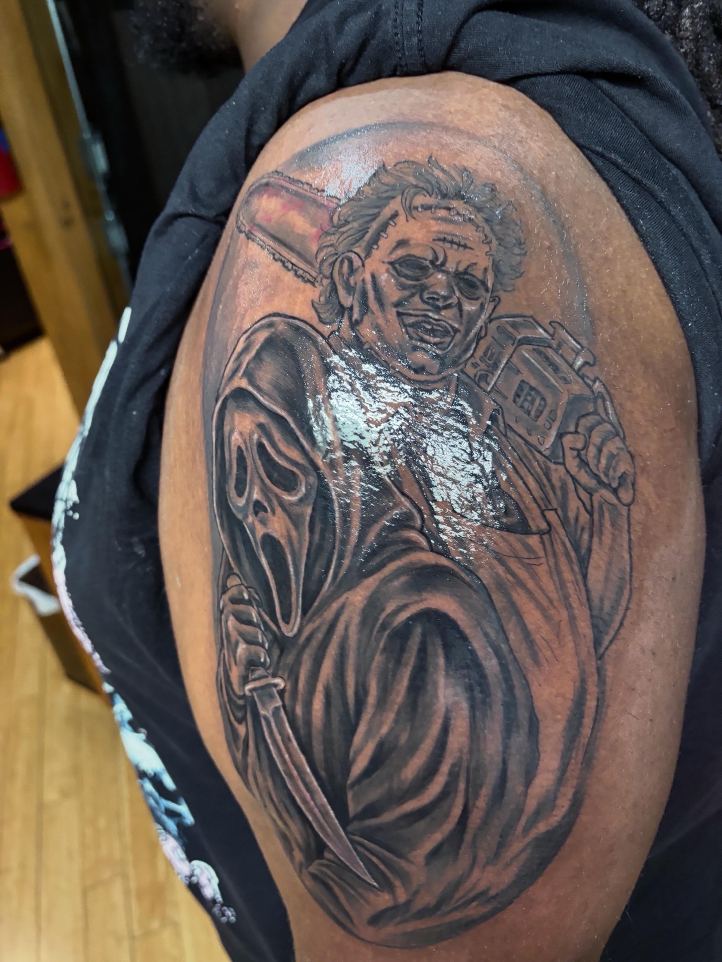 Black & Grey + Illustrative horror characters tattoo on Shoulder by Vo_The_Drug on TattMe