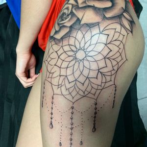Fine Line + Line-work roses tattoo on Thigh by Redtats on TattMe