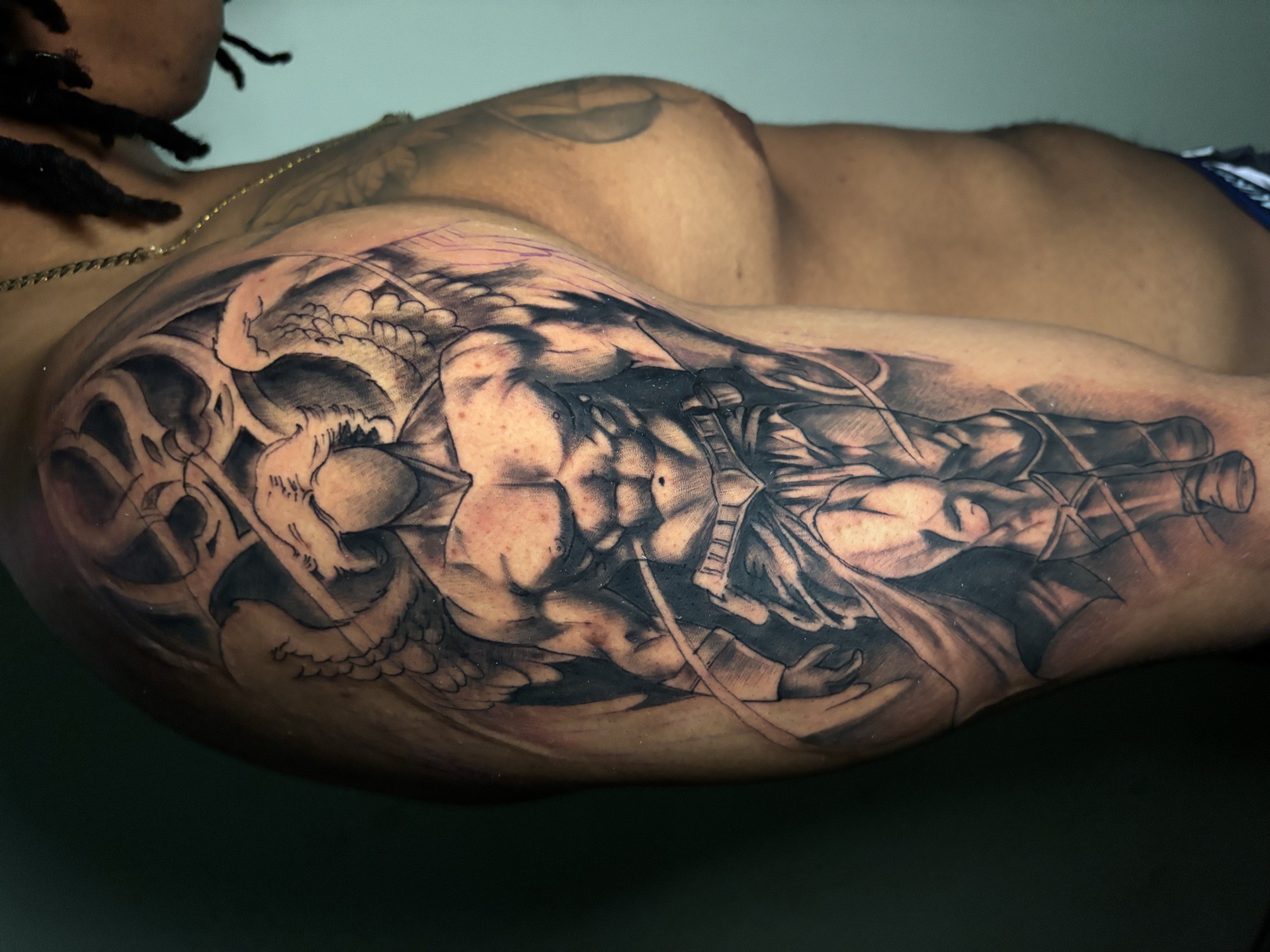 3D + Black & Grey guardian angel tattoo on Upper Arm by Redtats on TattMe