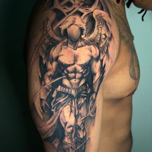 3D + Black & Grey guardian angel tattoo on Upper Arm by Redtats on TattMe